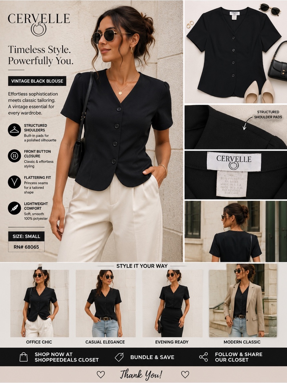 Cervelle Vintage Black Button Front Blouse | Women’s Size Small